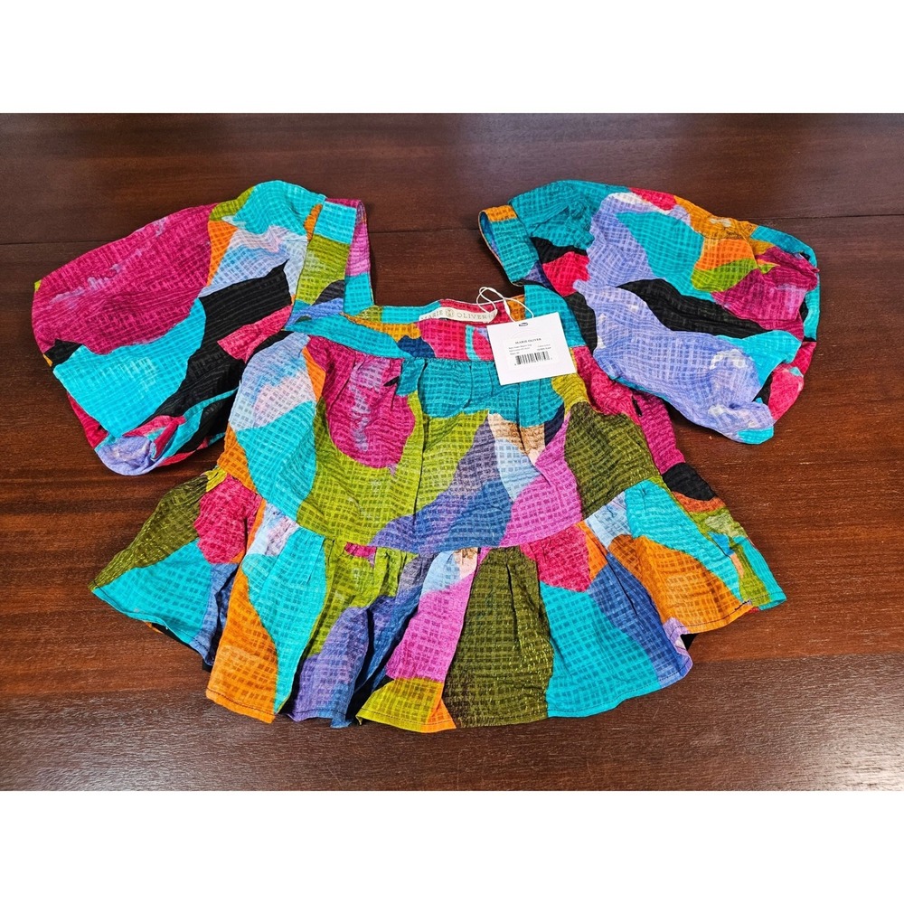 Marie Oliver Kaylee Top Jewel Multi Color Silk Linen Puff Sleeve Blouse